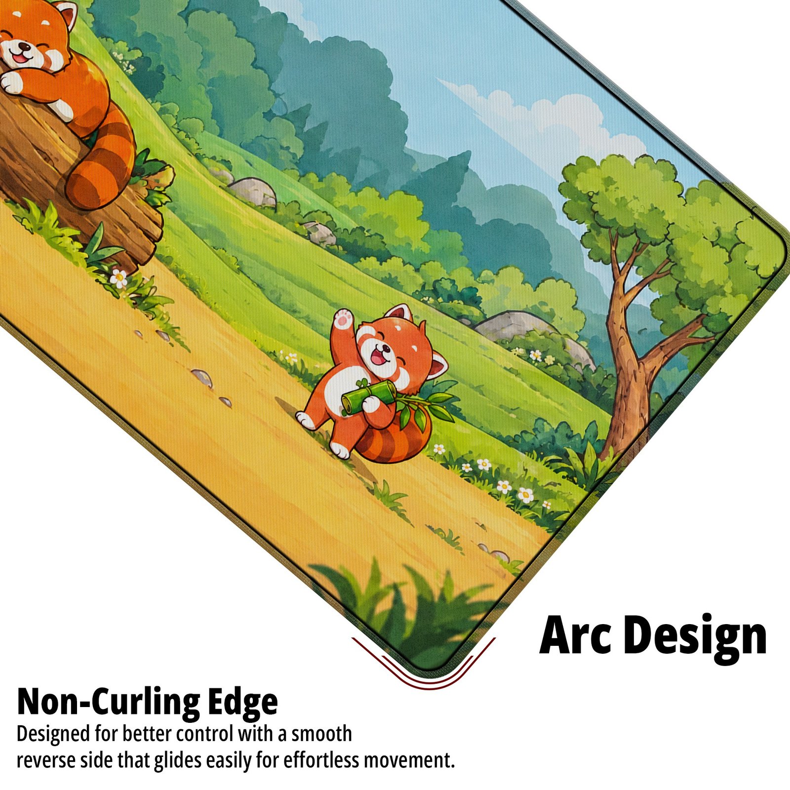 Red Panda Meadow Desk Mat — leaf green, sky blue and red-orange design, available in M, L and XL sizes. Close-up of the Red Panda Meadow Desk Mat showing the non-curling arc edge