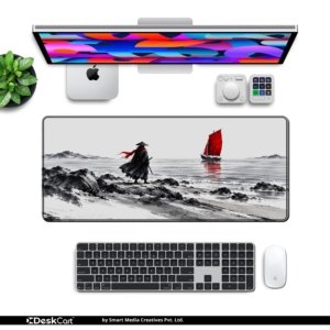 Ronin Red Sail Desk Mat with keyboard and mouse on a desk