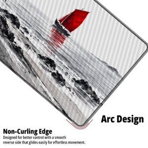 Close-up of the Ronin Red Sail Desk Mat showing the non-curling arc edge