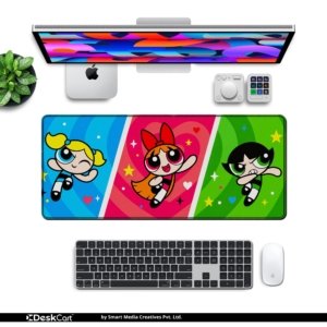 Super Trio Pop Desk Mat with keyboard and mouse on a desk