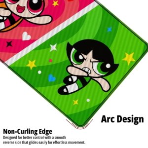 Close-up of the Super Trio Pop Desk Mat showing the non-curling arc edge