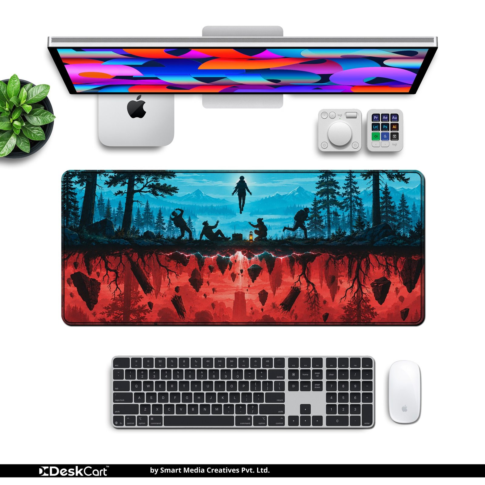 Twin Worlds Forest Desk Mat — cyan blue, red and black design, available in M, L and XL sizes. Twin Worlds Forest Desk Mat with keyboard and mouse on a desk