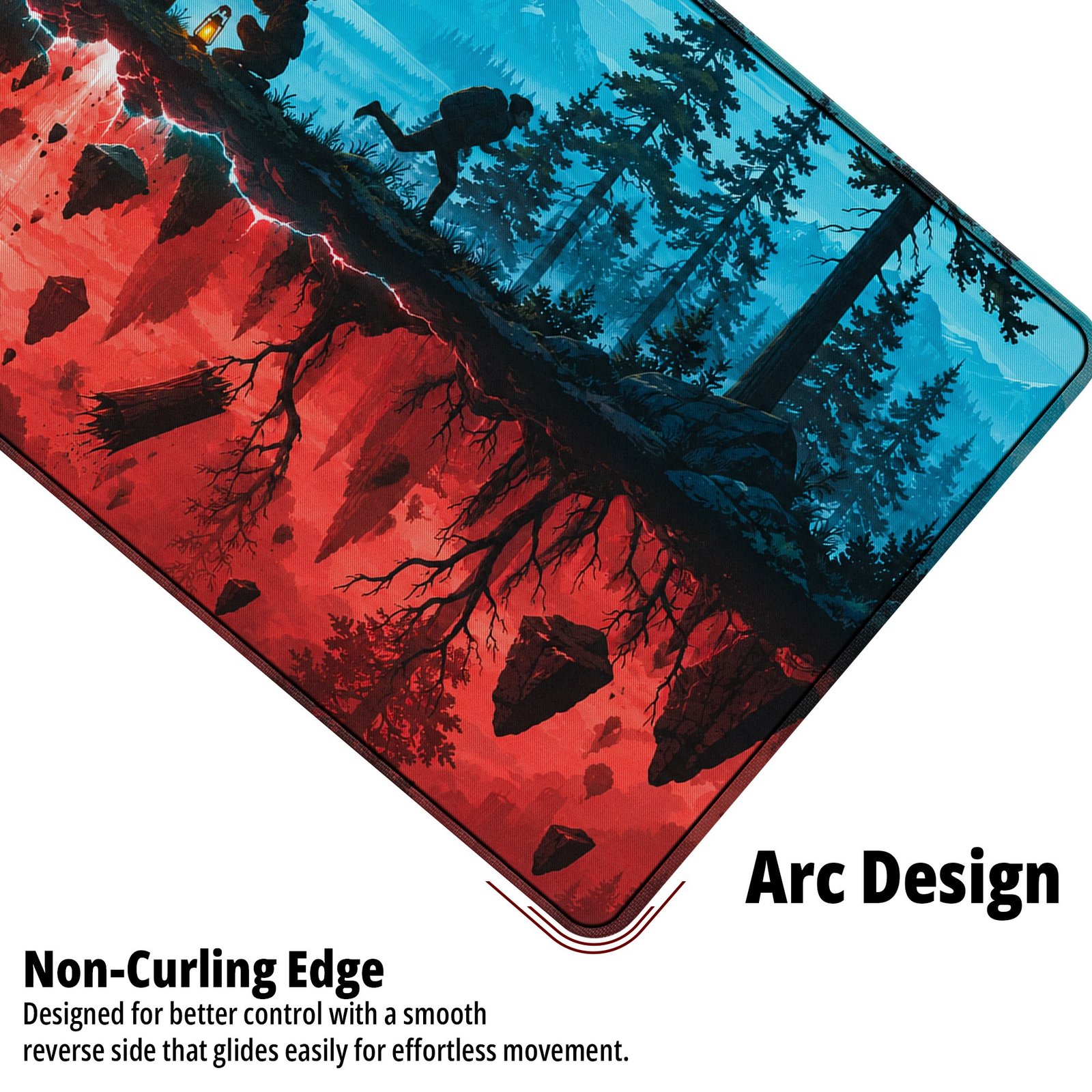 Twin Worlds Forest Desk Mat — cyan blue, red and black design, available in M, L and XL sizes. Close-up of the Twin Worlds Forest Desk Mat showing the non-curling arc edge