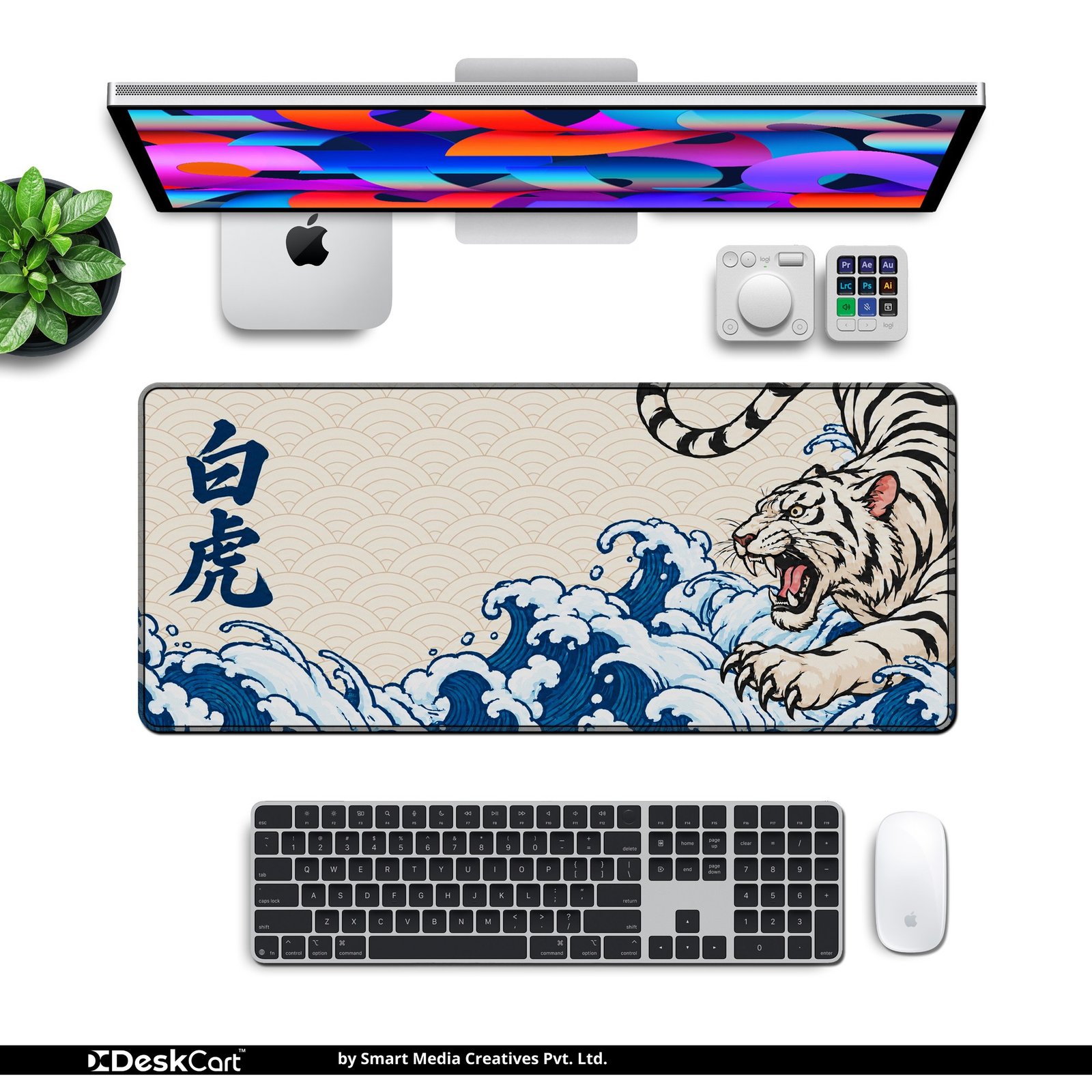 White Tiger Wave Desk Mat — cream, navy blue and black design, available in M, L and XL sizes. White Tiger Wave Desk Mat with keyboard and mouse on a desk