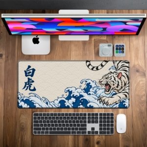 White Tiger Wave Desk Mat on a desk