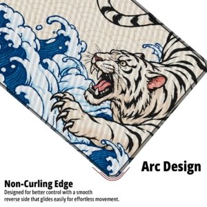 Close-up of the White Tiger Wave Desk Mat showing the non-curling arc edge