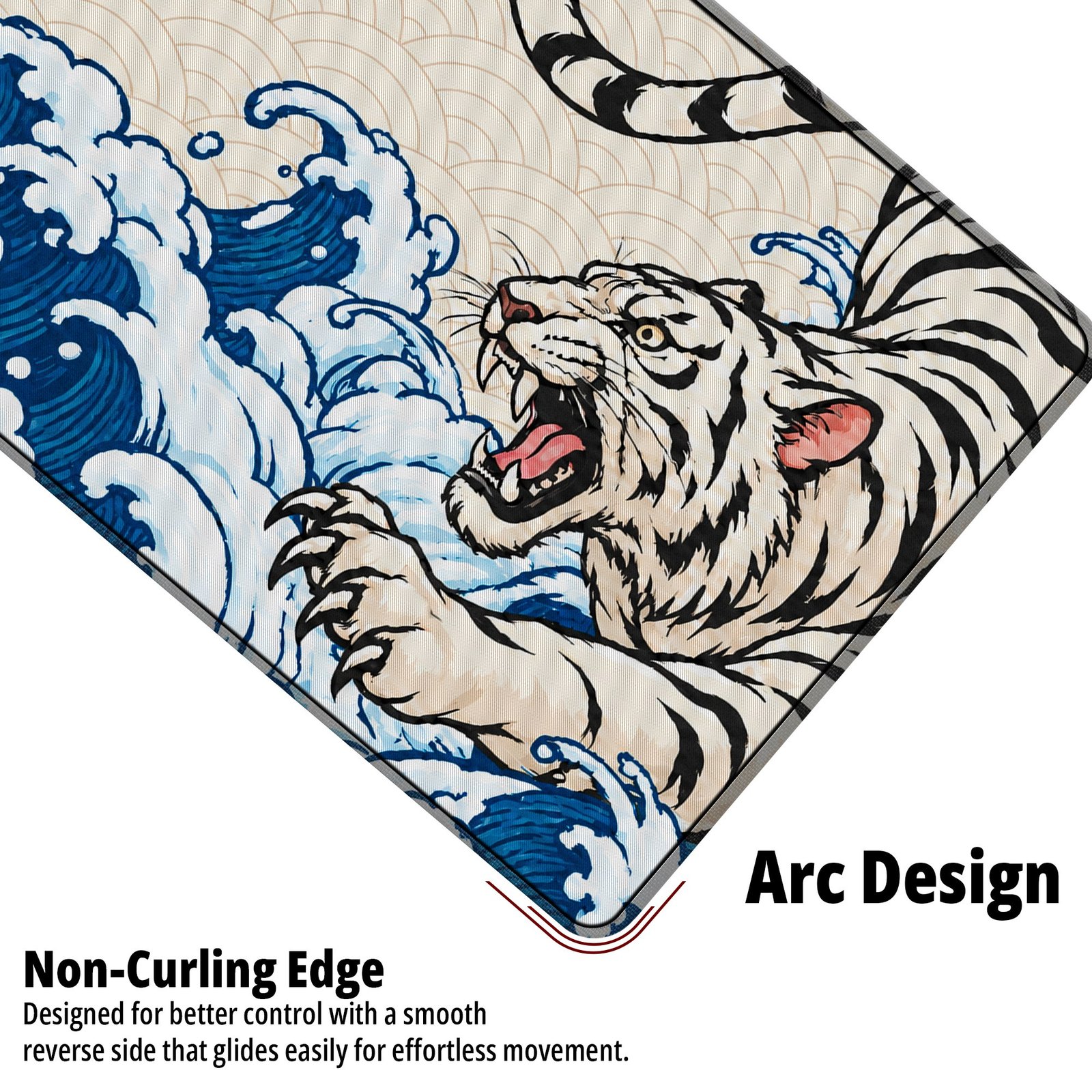 White Tiger Wave Desk Mat — cream, navy blue and black design, available in M, L and XL sizes. Close-up of the White Tiger Wave Desk Mat showing the non-curling arc edge