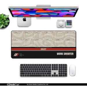 Work Smarter 2027 Calendar Desk Mat with full-year 2027 calendar, shown with keyboard and mouse