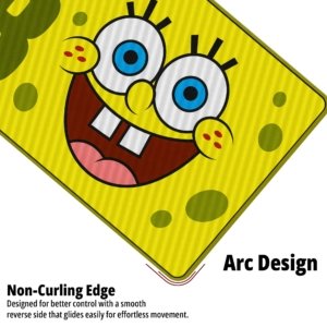 Close-up of the Yellow Sponge Grin Desk Mat showing the non-curling arc edge